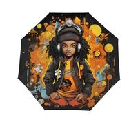 Mexpekil Ombrello pieghevole automatico aperto e chiuso, Cool Black Girl Who Loves Music ombrello compatto antivento per donne e uomini