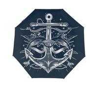 Mexpekil Ombrello pieghevole automatico aperto e chiuso, modello nautico blu navy ancora modello antivento compatto ombrello per donne e uomini