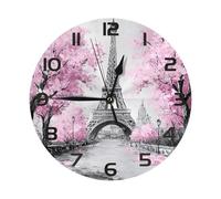 Mexpekil Orologio da parete silenzioso con torre Eiffel, albero rosa, nero, senza ticchettio, 25 cm, rotondo, funzionamento a batteria, orologio decorativo moderno per soggiorno, cucina, camera da