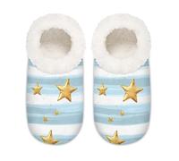 Mexpekil Pantofole da donna con stelle dorate e strisce azzurre con motivo a righe sfocate, antiscivolo, per donne, uomini e donne, Motivo a righe azzurre con stelle dorate, XX-Large largo