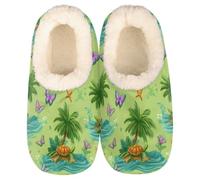 Mexpekil Pantofole da donna e da uomo con colletto soffice, invernali, calde, antiscivolo, per casa, idea regalo per mamma e papà (diverse taglie UK 4-11), Isola degli alberi delle tartarughe colorate