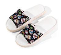 Mexpekil Pantofole estive in lino con teschio e fiore di zucchero, per donne e uomini, con teschio del giorno dei morti, punta aperta, scarpe da casa estive, Multi, 39.5/40.5 EU