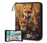 Mexpekil Raccoglitore per carte con due volpi rosse, 4 tasche con 50 pagine a caricamento laterale, per 400 carte, con cerniera, impermeabile, porta carte