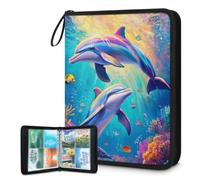 Mexpekil Raccoglitore per carte da nuoto con due delfini, 4 tasche con 50 pagine a caricamento laterale, per 400 carte, con cerniera, impermeabile, porta carte
