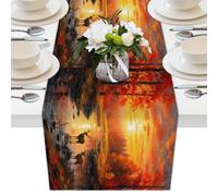 Mexpekil Runner da tavola in poliestere Decortaive per tavoli da pranzo, matrimoni, vacanze, feste, 33 x 178 cm, motivo: foresta, fiume al tramonto