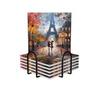 Mexpekil Set di 6 sottobicchieri assorbenti in ceramica con supporto | Sottobicchiere quadrato antiscivolo resistente al calore con vista sulla città di Parigi Torre Eiffel con base in sughero per