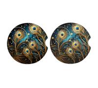 Mexpekil Sottobicchieri per auto per portabicchieri con piuma di pavone dorata, sottobicchiere in ceramica assorbente con base in sughero, confezione da 2 sottobicchieri antiscivolo per scrivania e