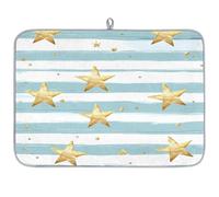 Mexpekil Tappetino scolapiatti a righe azzurre con motivo stelle dorate, 45,7 x 61 cm, assorbente, tappetino scolapiatti per cucina, tappetino da bar ad asciugatura rapida
