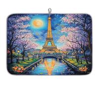 Mexpekil Tappetino scolapiatti con motivo con luna e torre Eiffel, 45,7 x 61 cm, assorbente, tappetino scolapiatti per cucina, tappetino da bar ad asciugatura rapida