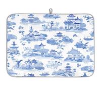 Mexpekil Tappetino scolapiatti per architettura giapponese con inchiostro blu, 45,7 x 61 cm, assorbente da cucina, tappetino scolapiatti, tappetino da bar ad asciugatura rapida