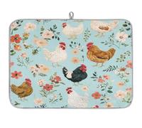 Mexpekil Tappetino scolapiatti per cucina, 45,7 x 61 cm, assorbente, tappetino scolapiatti da cucina a forma di pollo e fiori, tappetino da bar per piani di lavoro, lavello, animali domestici