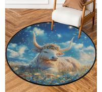 Mexpekil Tappeto rotondo viola con fiori e mucca, lavabile, con retro antiscivolo, diametro 160 cm, tappeto moderno per la casa e la stanza dei giochi