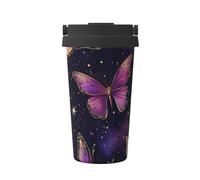 Mexpekil Tazza da caffè isolata da viaggio con coperchio a tenuta stagna viola farfalla dorata tazze termiche per bevande calde 500 ml