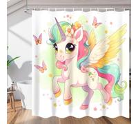 Mexpekil Tenda da doccia con ganci, motivo unicorno con ali e farfalle, impermeabile, in poliestere, lavabile in lavatrice, ideale per vasche da bagno, decorazione per la casa