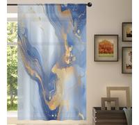 Mexpekil Tenda trasparente a 1 pannello, con motivo marmorizzato blu e oro, con tasca per asta, per soggiorno, camera da letto, ufficio, finestra, in voile, 140 x 213 cm