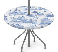Mexpekil Tovaglia per esterni con foro per ombrellone e cerniera, architettura giapponese con inchiostro blu, impermeabile, rotonda, elastica, per patio e giardino, 114-142 cm