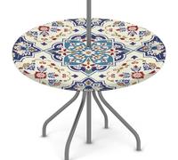Mexpekil Tovaglia per esterni con foro per ombrellone e cerniera, motivo etnico mandala, marocchino, senza cuciture, impermeabile, rotonda, elastica, per patio e giardino, 114,3-142,2 cm