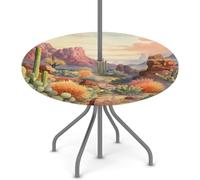 Mexpekil Tovaglia rotonda con cactus in pietra del deserto, con foro per ombrellone e cerniera, lavabile, con bordo elastico, impermeabile, protezione per tavolo da patio (adatta per tavoli da 91 a