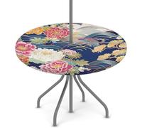 Mexpekil Tovaglia rotonda giapponese con fiori e foglie, con foro per ombrellone e cerniera, lavabile, con bordo elastico, impermeabile, protezione per tavolo da patio (adatta per tavoli da 91 a 111