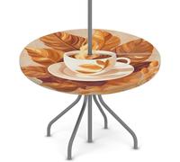Mexpekil Tovaglia rotonda per esterni con foro per ombrello e cerniera, motivo a tazza di caffè, motivo a foglie di grano, lavabile, con bordo elastico, per patio e giardino