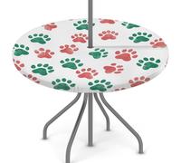 Mexpekil Tovaglia rotonda per esterni con foro per ombrello e cerniera, motivo impronte di zampe di cane rosse e verdi, 114,3-142,2 cm, bordo elastico, per patio e giardino