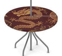 Mexpekil Tovaglia rotonda per esterni con foro per ombrello e cerniera, tovaglia lunga cinese lavabile 114,3-142,2 cm con bordo elastico per patio e giardino