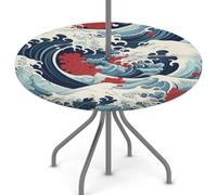 Mexpekil Tovaglia rotonda per esterni con foro per ombrellone e cerniera, in stile retrò giapponese, oceano mare, tovaglia lavabile, 114,3-142,2 cm, bordo elastico, per patio e giardino