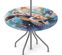 Mexpekil Tovaglia rotonda per esterni con foro per ombrellone e cerniera, motivo arte oceanica, tartaruga, animali, lavabile, 114,3-142,2 cm, bordo elastico, per patio e giardino