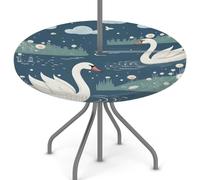 Mexpekil Tovaglia rotonda per esterni, con foro per ombrellone e cerniera, motivo lago, acqua, nuvola, cigno, cartone animato, 114,3-142,2 cm, bordo elastico per patio o giardino