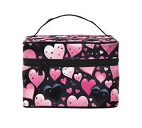 Mexpekil Trousse da viaggio per cosmetici, grande capacità, organizer per trucchi, borsa portatile per articoli da toeletta per donne e ragazze, Cuori rosa neri Love, Taglia unica
