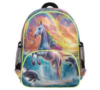 Mexpekil Zaino per bambini con delfino che salta con cavallo bianco arcobaleno per ragazze e ragazzi, zaino da viaggio leggero e impermeabile per bambini per la scuola materna, con cinturino per il