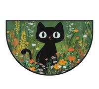 Mexpekil Zerbino a mezza luna con gatto nero e campo floreale, per interni ed esterni, antiscivolo, lavabile, tappetino assorbente per lo sporco, 100 x 160 cm