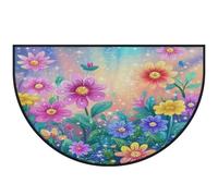 Mexpekil Zerbino a mezza luna con motivo floreale in stile cartone animato, per interni ed esterni, antiscivolo, lavabile, tappetino a semicerchio, assorbente, intrappola lo sporco, 100 x 160 cm