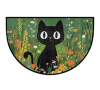 Mexpekil Zerbino con gatto nero e campo di fiori a mezza luna, per interni ed esterni, antiscivolo, lavabile, zerbino a semicerchio, assorbente per lo sporco, tappeto semicircolare per ingresso, 61 x