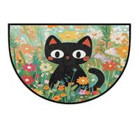 Mexpekil Zerbino con gatto nero e campo di fiori a mezza luna, per interni ed esterni, antiscivolo, lavabile, a semicerchio, assorbente, cattura lo sporco, tappeto semicircolare per ingresso, 61 x 91
