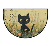 Mexpekil Zerbino in stile bohémien con gatto nero e fiore a mezza luna, per interni ed esterni, antiscivolo, lavabile, a semicerchio, assorbente, intrappola lo sporco, tappeto semicircolare per