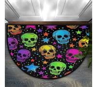 Mexpekil Zerbino semi cerchio, colorato con teschi in stile cartone animato, antiscivolo, a mezza luna, lavabile, tappetino di benvenuto per interni ed esterni, cucina, camera da letto, patio