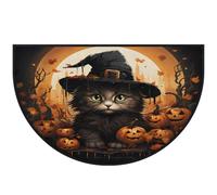 Mexpekil Zerbino, zerbino a mezza luna con gatto nero, per interni ed esterni, antiscivolo, lavabile, a semicerchio, assorbente, intrappola lo sporco, 100 x 160 cm