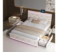 MEXUS Letto 140 x 190 cm con 4 cassetti, letto matrimoniale con rete a doghe e testiera con LED e porta USB, adatto per adolescenti e adulti, velluto, beige (140 x 190 cm)