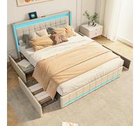 MEXUS Letto 140 x 190 cm con rete a LED e USB, testiera con custodia, letto matrimoniale imbottito con rete a doghe e 4 cassetti, per adulti e adolescenti, lino