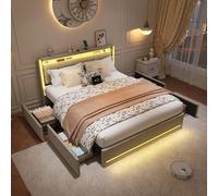 MEXUS Letto 140 x 200 con rete a LED e USB, testiera con custodia, letto matrimoniale imbottito con rete a doghe e 4 cassetti, per adulti e adolescenti, lino (Beige)