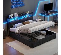 MEXUS Letto baule 140 x 190 cm con illuminazione a LED e ricarica USB, letto matrimoniale con contenitore e rete a doghe con vano portaoggetti, per adulti e adolescenti (140 x 190 cm)