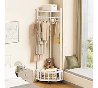 MEYEBP Stand Appendiabiti A Cremagliera d'oro Stendibiancheria su Ruote con Cesto di Stoccaggio, Appendiabiti Ad Angolo in Metallo per Corridoio, Soggiorno, Camera da Letto