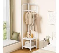 MEYEBP Stand Appendiabiti da Terra Angolare 2 in 1 per La Camera da Letto, Appendiabiti A Binario in Metallo con Ripiano A più Livelli, Appendiabiti da Terra per L'ingresso
