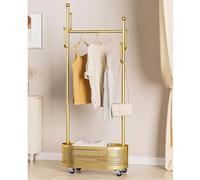 MEYEBP Stand Appendiabiti da Terra in Metallo con Ruote E Cesto Portaoggetti, Appendiabiti Angolare 2 in 1, Appendiabiti Mobile per La Camera da Letto, Oro/Blu/Bianco/Nero
