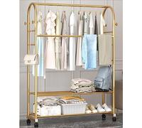 MEYEBP Stand Appendiabiti Da Terra Oro Con Ruote, Appendiabiti Con 2 Scarpiere, Può Riporre Vestiti, Cappelli E Scarpe, Adatto Per Negozi Di Abbigliamento, Salotti E Camere Da Letto