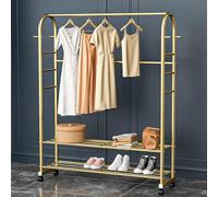 MEYEBP Stand Appendiabiti in Metallo Appendiabiti con Ruote, Appendiabiti con 2 Portascarpe, può Conservare Vestiti, Cappelli E Scarpe, Adatto A Negozi di Abbigliamento,Oro