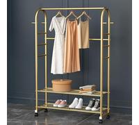 MEYEBP Stand Appendiabiti in Metallo Appendiabiti con Ruote, Appendiabiti con 2 Portascarpe, può Conservare Vestiti, Cappelli E Scarpe, Adatto A Negozi di Abbigliamento,Oro