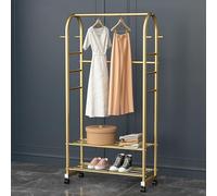 MEYEBP Stand Appendiabiti in Metallo Appendiabiti con Ruote, Appendiabiti con 2 Portascarpe, può Conservare Vestiti, Cappelli E Scarpe, Adatto A Negozi di Abbigliamento,Oro