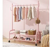 MEYEBP Stand Appendiabiti Rosa Stendibiancheria con Ruote, Appendiabiti in Metallo con Portaoggetti A 2 Strati E Guida per Vestiti, Appendiabiti Rimovibile, può Mettere Vestiti, Scarpe